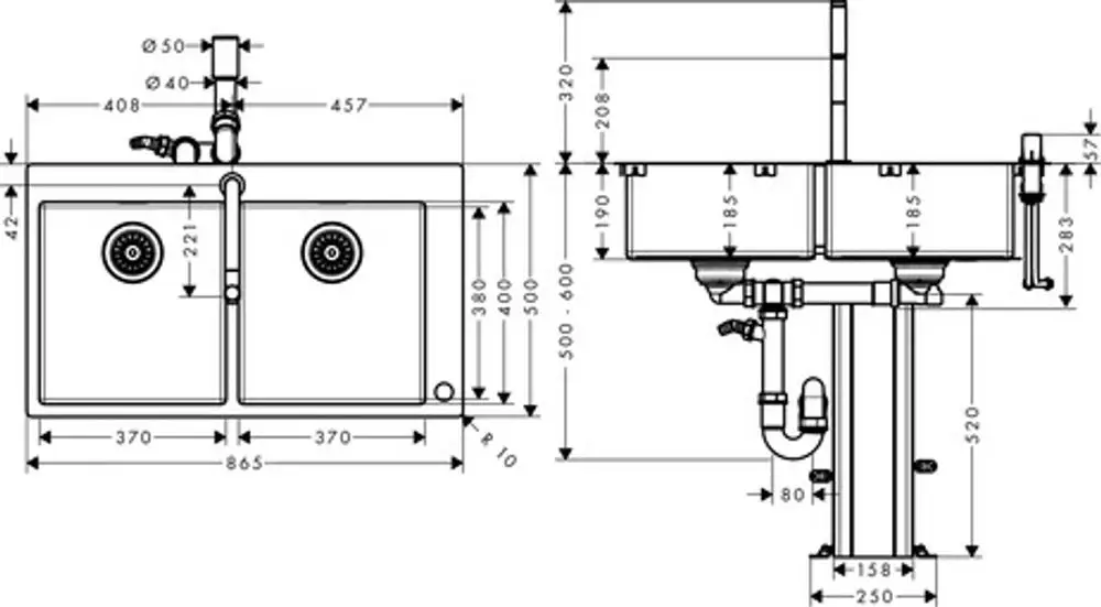 Hansgrohe Spüle mit zwei Becken, Anschlussdetails und Abmessungen. Technische Zeichnung zeigt Sanitärinstallationen und Wasseranschlüsse.